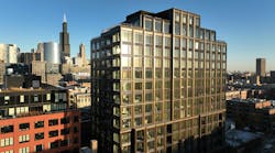 Rising 16 stories above Chicago’s West Loop neighborhood, Embry features a richly detailed dark bronze-colored aluminum exterior that changes hues as the sun moves across the sky