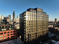 Rising 16 stories above Chicago’s West Loop neighborhood, Embry features a richly detailed dark bronze-colored aluminum exterior that changes hues as the sun moves across the sky