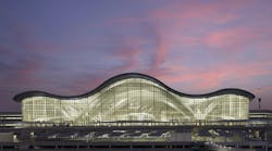 The front façade departures hall at Zayed International Airport, Terminal A. Photo: Victor Romero, courtesy Kohn Pedersen Fox (KPF)