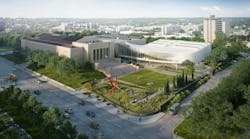 Southeast aerial view of the Joslyn Art Museum. Rendering courtesy Moare
