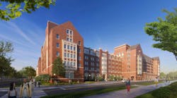 University of Michigan’s Central Campus residence hall, as seen looking west from Hill Street. Rendering © RAMSA