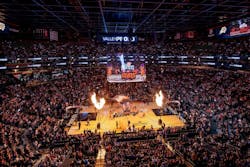 Footprint Center sports arena with fire