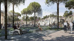 Rendering of a section of the park where people sit on stone benches and walk through a stone plaza with a large water feature and trees