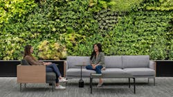 Women Sitting On A Couch Next To A Green Wall