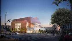 Rendering of the Colburn Center at the Colburn School. View East from Olive Street towards entrance to the concert hall. Courtesy Frank O. Gehry & Gehry Partners, LLP