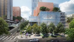 Rendering of the Colburn Center at the Colburn School. View from Hill Street West towards dance school entrance, dance studios, and public garden. Courtesy Frank O. Gehry & Gehry Partners, LLP