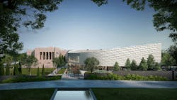 East elevation of the Joslyn Building, Hawks Pavilion, central lawn, and courtyard garden. Rendering courtesy Moare