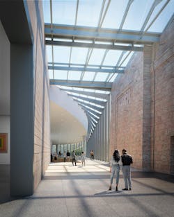 Interior twist connection looking into the new Hawks Pavilion from the glass atrium that connects it to the Joslyn Building and Scott Pavilion. Rendering courtesy Moare