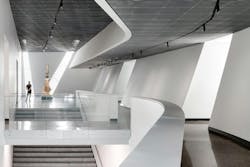 Second-level interior view overlooking the grand stair and landing gallery. Photo: ©Mauricio Rojas, Courtesy of UT Dallas