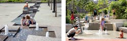 Kids play in a water feature representing Boston’s historic “Great Spring” on Boston City Hall Plaza