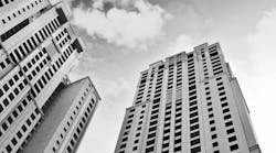 Back and white view of skyscrapers