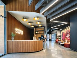 An energetic mural defines one study zone in the lobby at Chapter Madison—one of the many flexible gathering zones throughout the 10-story building designed by LJC and developed by CRG and Kenter Capital